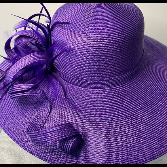 Statement Purple Wide-Brim Formal Hat with Feather Detail - Picture 6 of 6